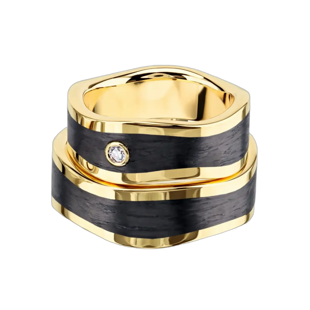 Furrer Jacot Wedding Ring Set 750 Yellow Gold/Carbon | 1 Diamond 0.040 ct