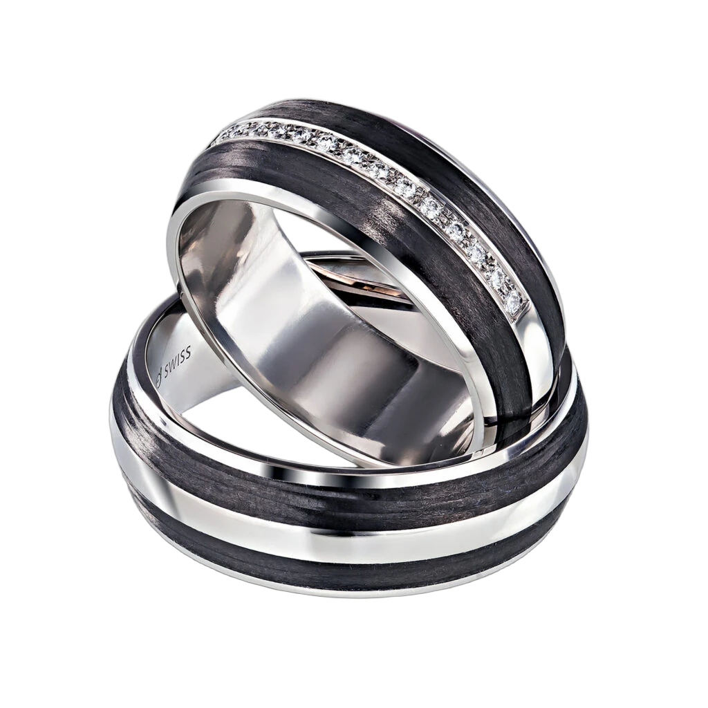 Furrer Jacot Wedding Ring Set 950 Platinum/Carbon | 14 Brilliant-Cut Diamonds