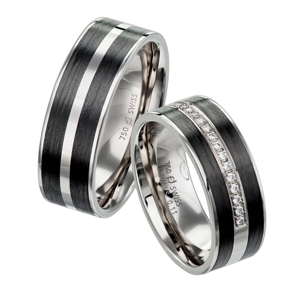 Furrer Jacot Wedding Ring Set 750 White Gold/Carbon | 23 Brilliant-Cut Diamonds